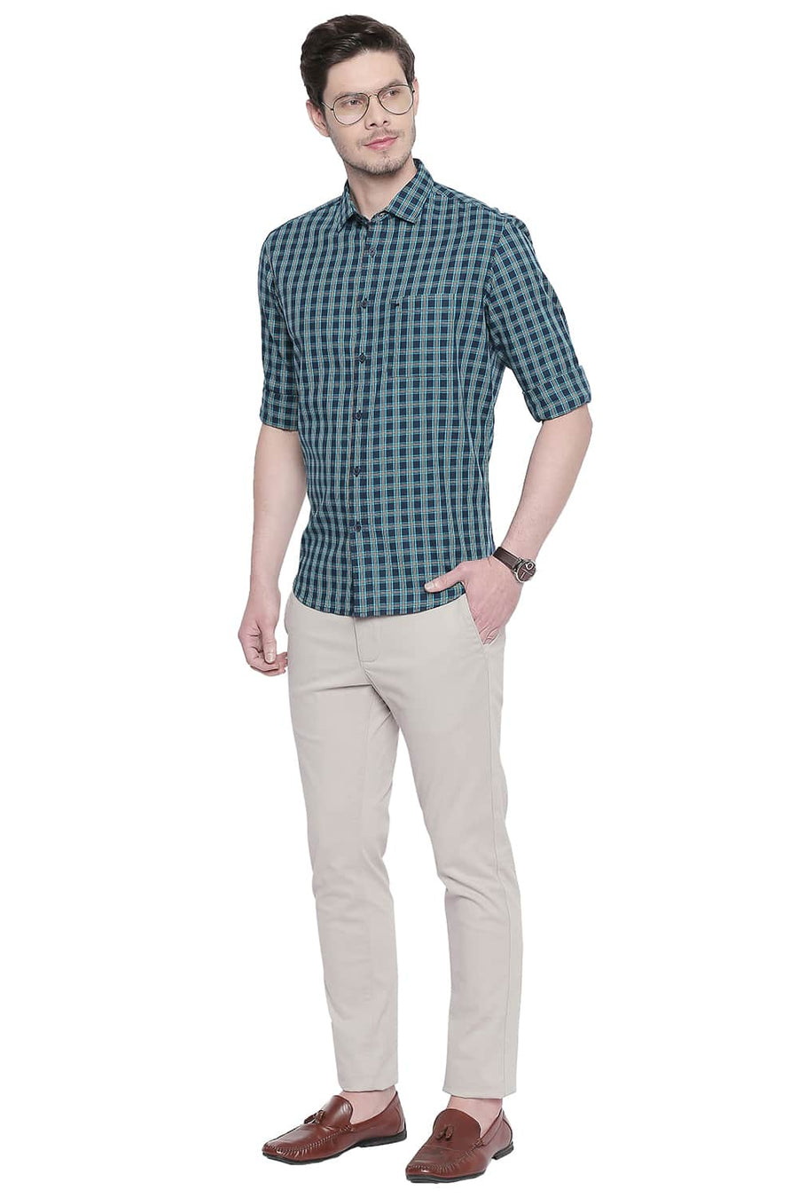 BASICS SLIM FIT TWILL NAVY NIGHTS CHECKS SHIRT