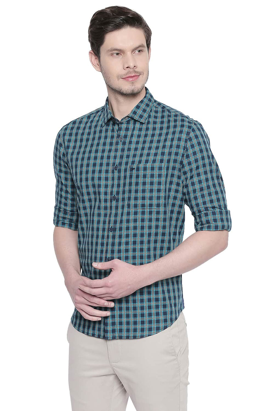 BASICS SLIM FIT TWILL NAVY NIGHTS CHECKS SHIRT