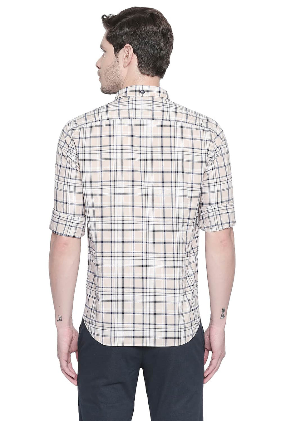 BASICS SLIM FIT SAND BEIGE OXFORD CHECKS SHIRT