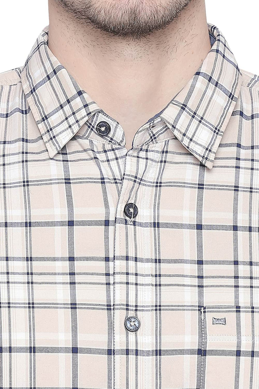 BASICS SLIM FIT SAND BEIGE OXFORD CHECKS SHIRT
