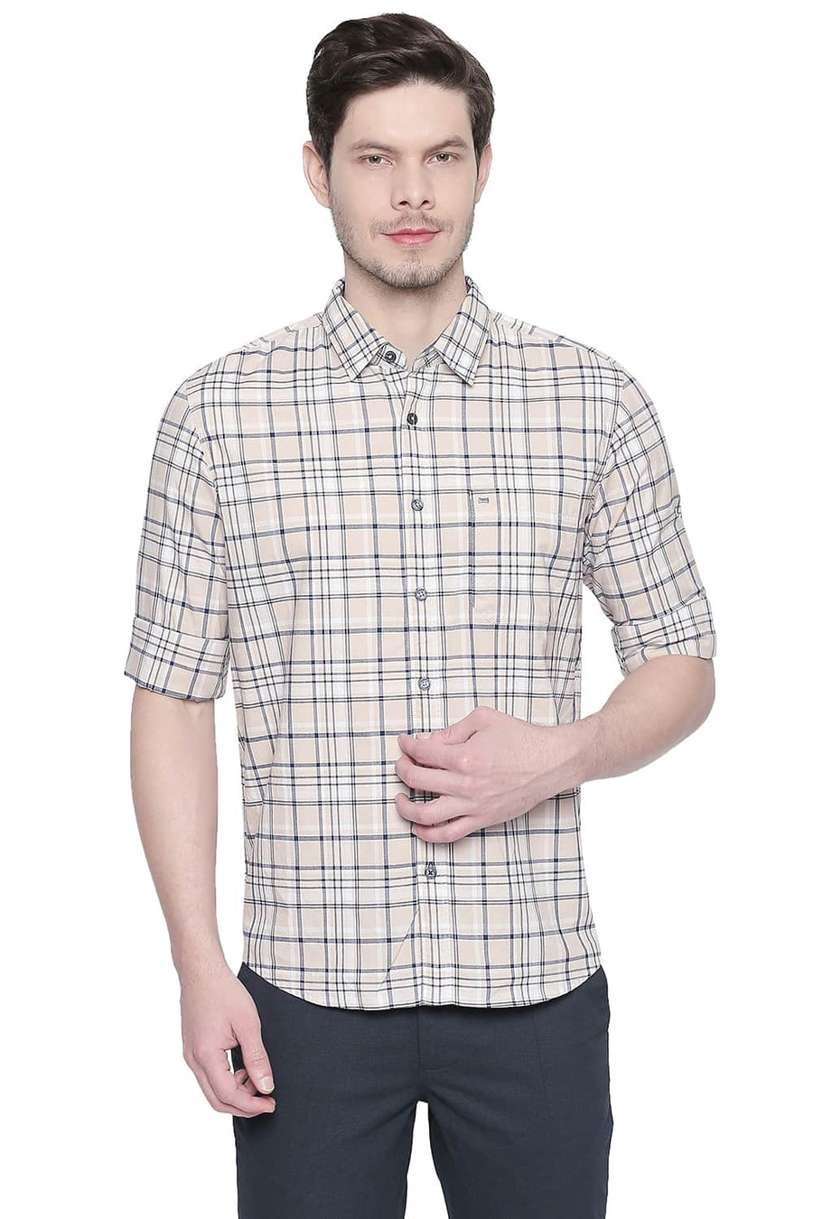 BASICS SLIM FIT SAND BEIGE OXFORD CHECKS SHIRT