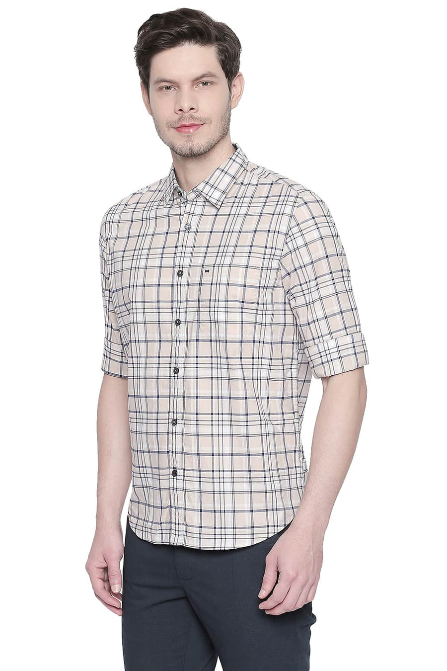 BASICS SLIM FIT SAND BEIGE OXFORD CHECKS SHIRT