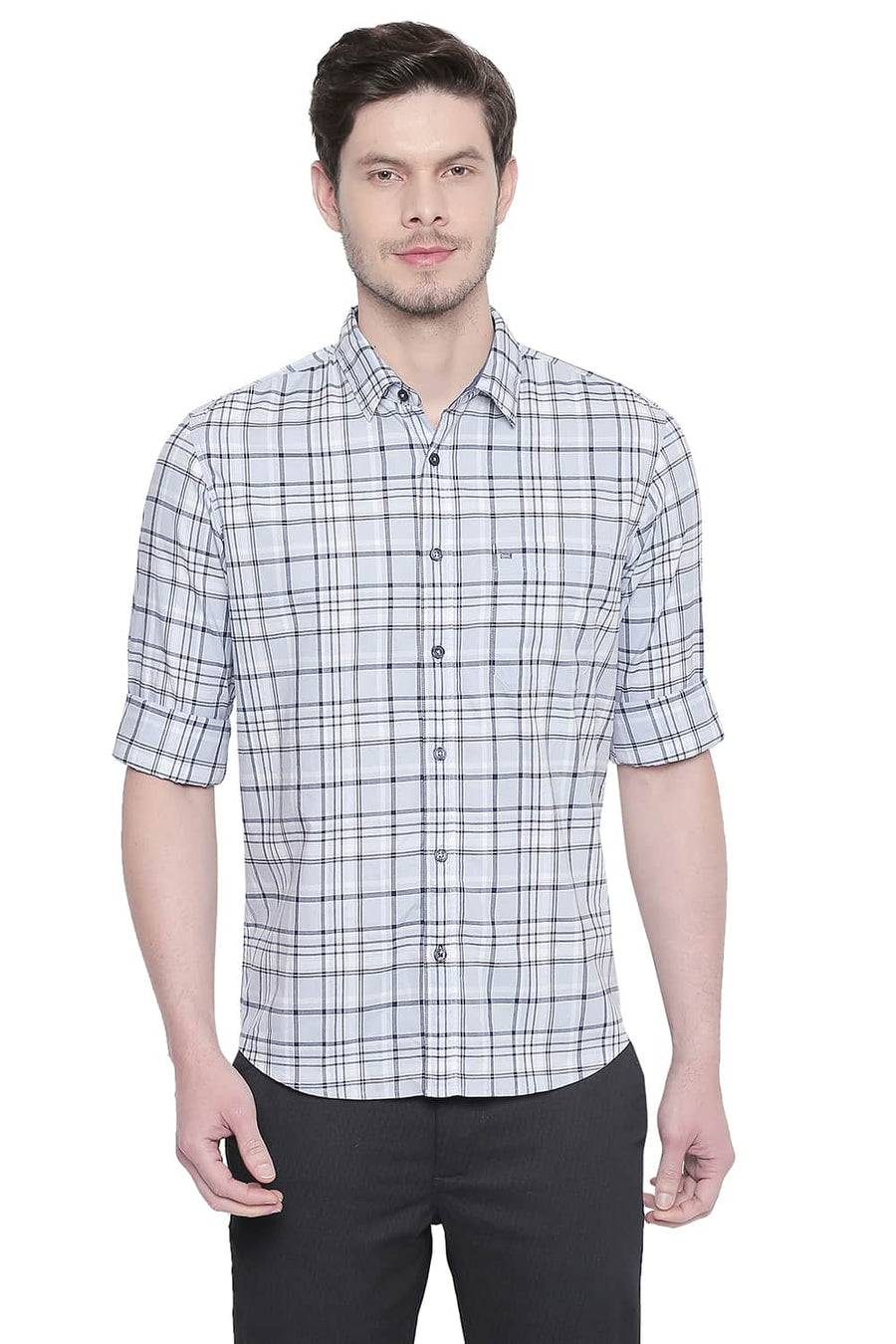 BASICS SLIM FIT KENTUCKY BLUE OXFORD CHECKS SHIRT