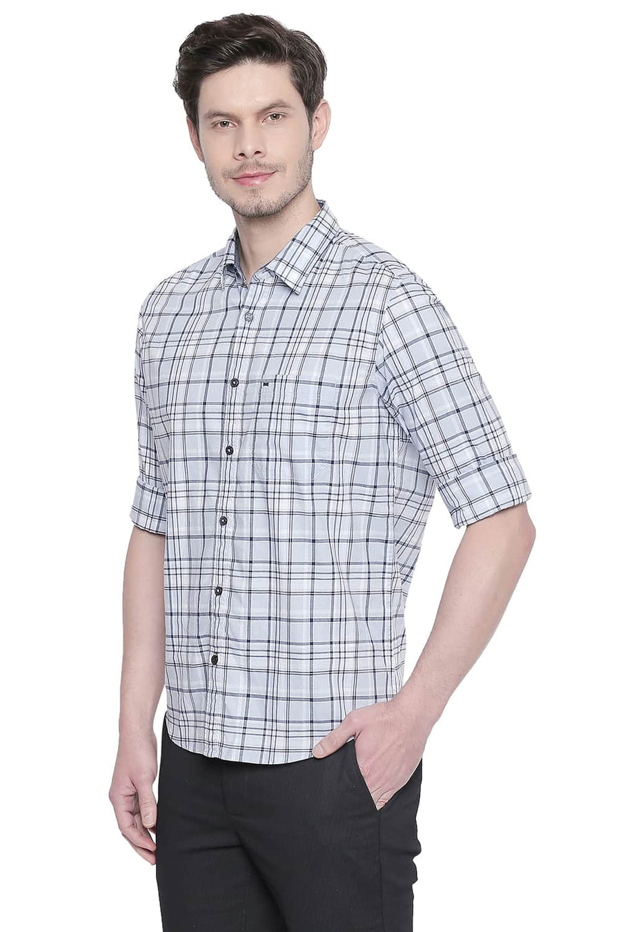 BASICS SLIM FIT KENTUCKY BLUE OXFORD CHECKS SHIRT