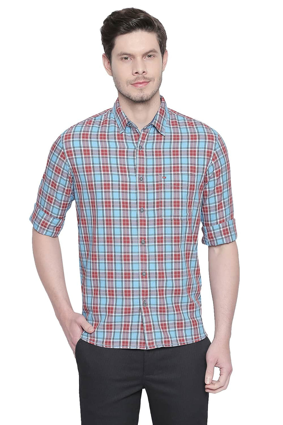 BASICS SLIM FIT AIR BLUE TWILL CHECKS SHIRT
