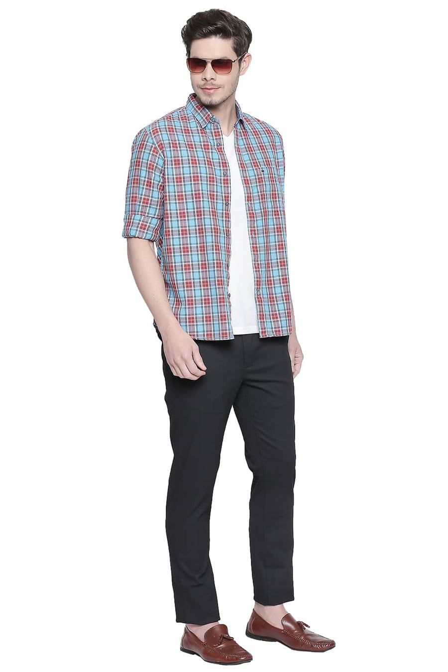 BASICS SLIM FIT AIR BLUE TWILL CHECKS SHIRT