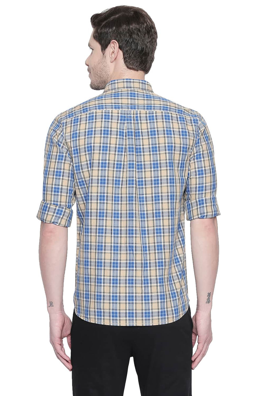 BASICS SLIM FIT SEMOLINA BEIGE TWILL CHECKS SHIRT