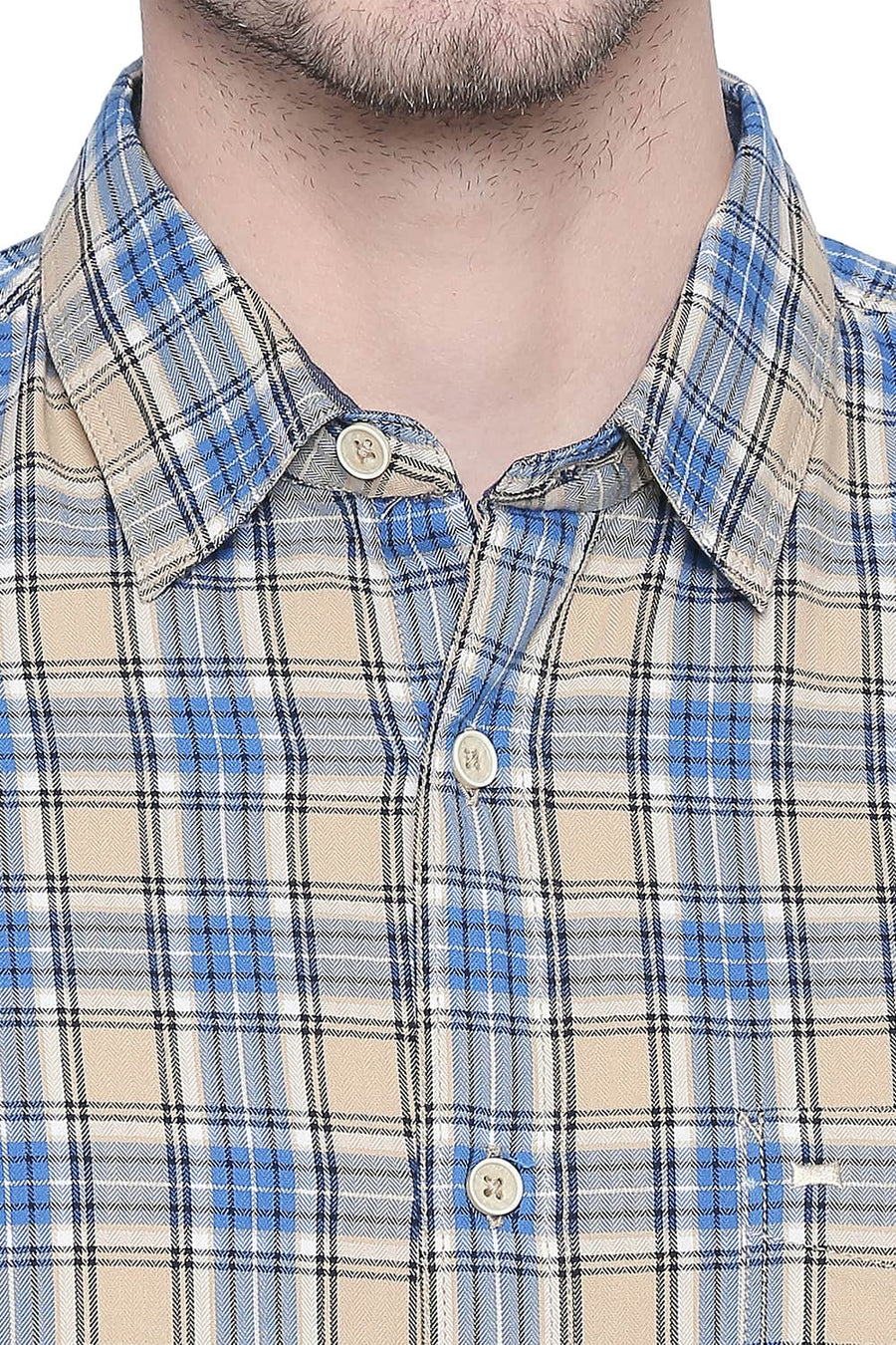 BASICS SLIM FIT SEMOLINA BEIGE TWILL CHECKS SHIRT