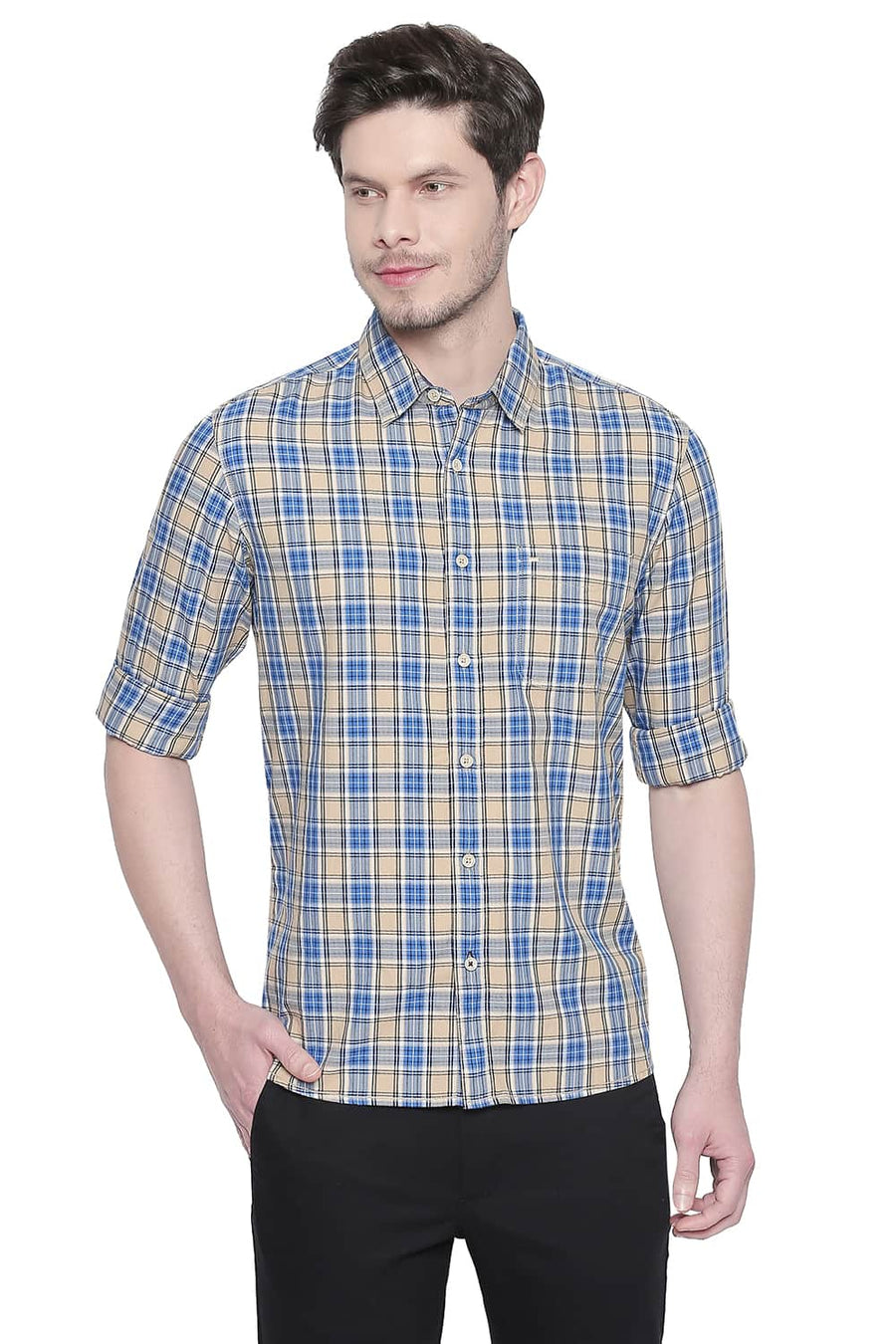 BASICS SLIM FIT SEMOLINA BEIGE TWILL CHECKS SHIRT