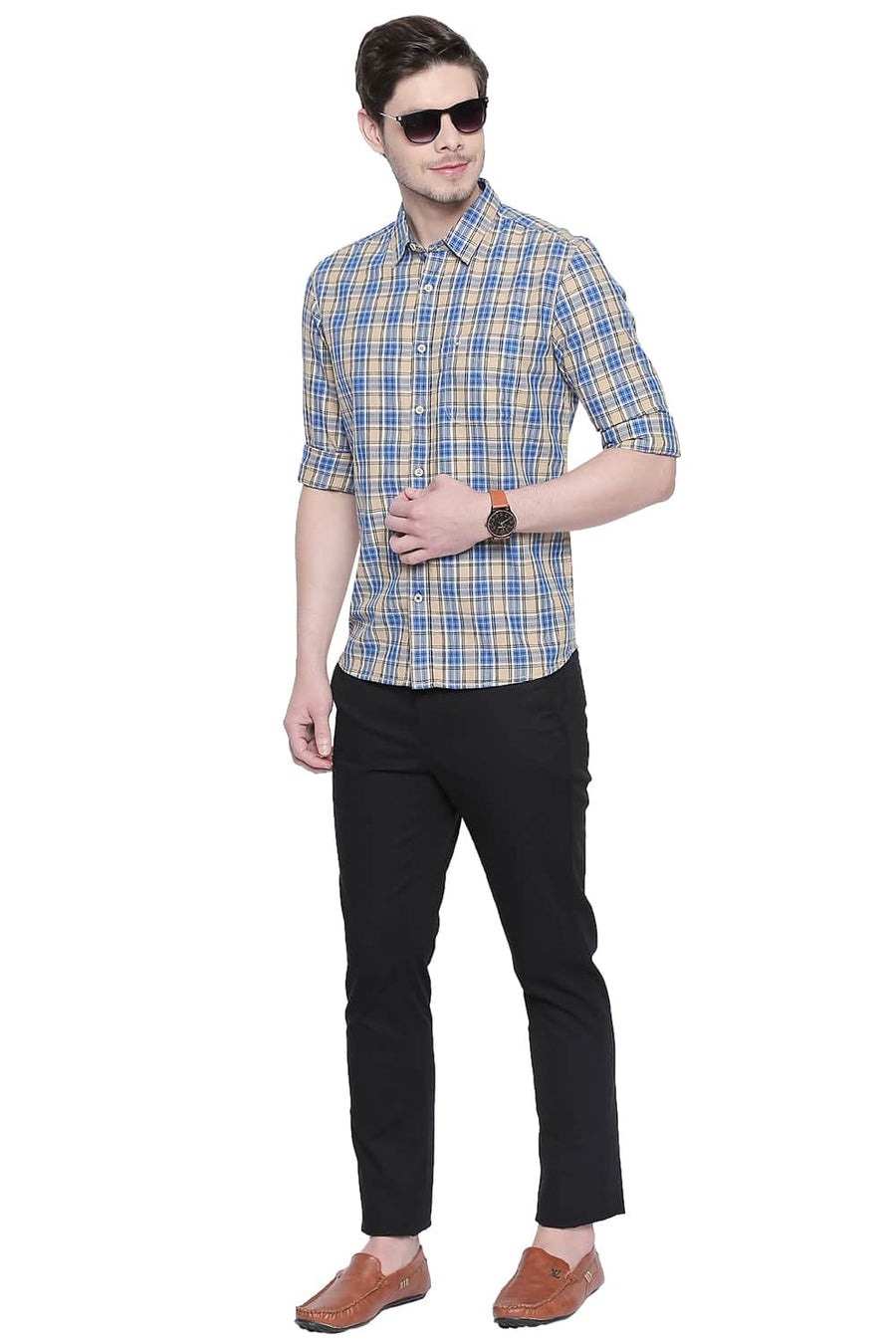 BASICS SLIM FIT SEMOLINA BEIGE TWILL CHECKS SHIRT