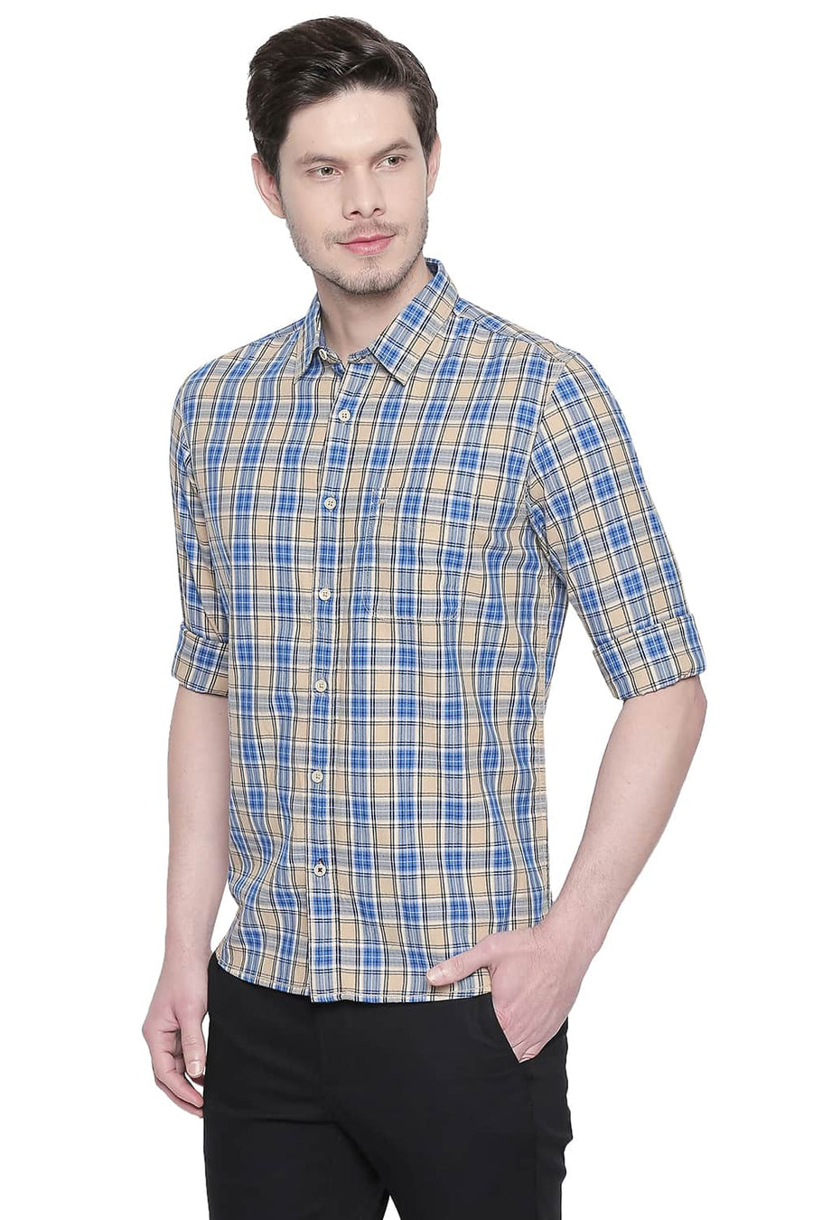 BASICS SLIM FIT SEMOLINA BEIGE TWILL CHECKS SHIRT