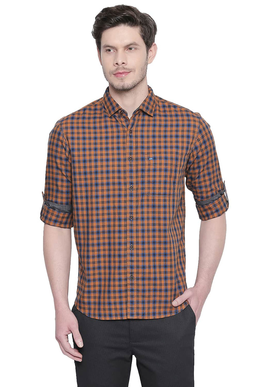 BASICS SLIM FIT BURNT ORANGE CHECKS SHIRT
