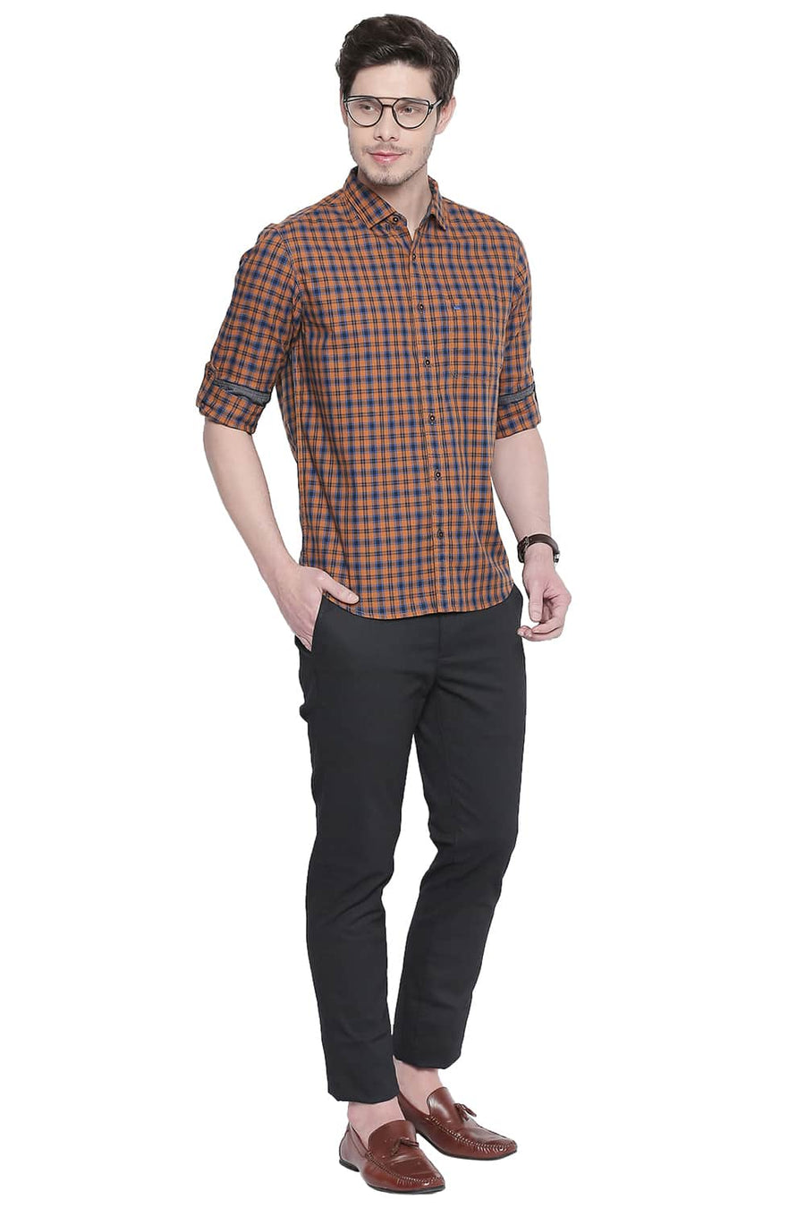 BASICS SLIM FIT BURNT ORANGE CHECKS SHIRT