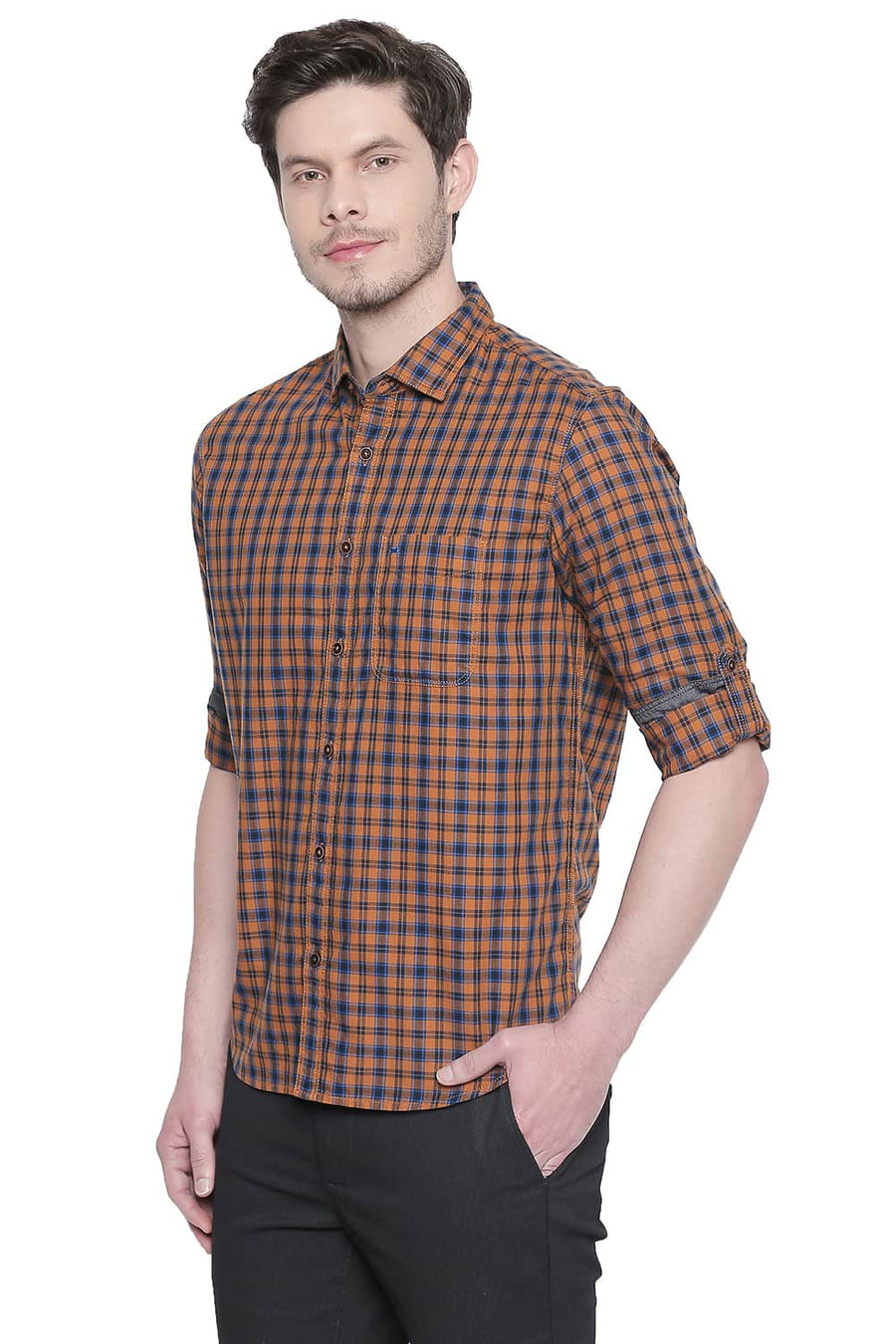 BASICS SLIM FIT BURNT ORANGE CHECKS SHIRT