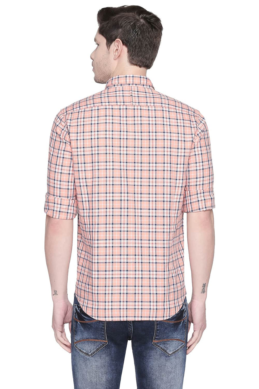 BASICS SLIM FIT SALMON ORANGE TWILL CHECKS SHIRT