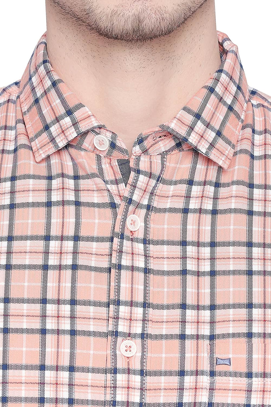 BASICS SLIM FIT SALMON ORANGE TWILL CHECKS SHIRT