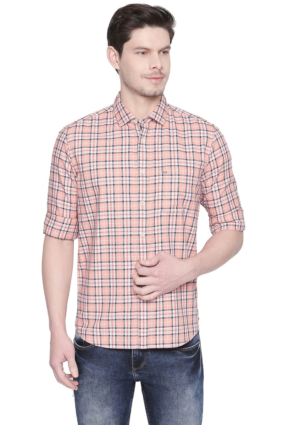 BASICS SLIM FIT SALMON ORANGE TWILL CHECKS SHIRT