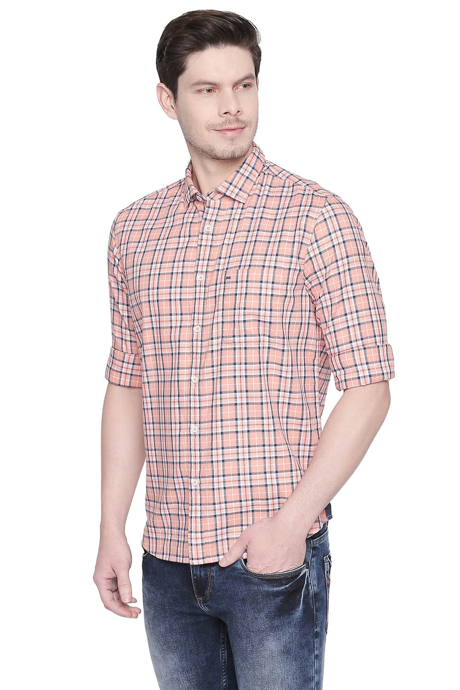 BASICS SLIM FIT SALMON ORANGE TWILL CHECKS SHIRT