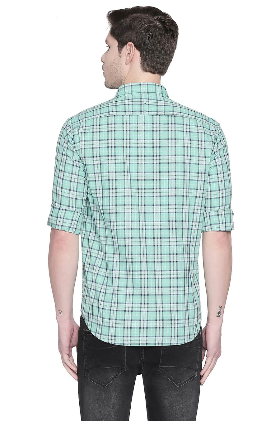 BASICS SLIM FIT OPAL GREEN TWILL CHECKS SHIRT