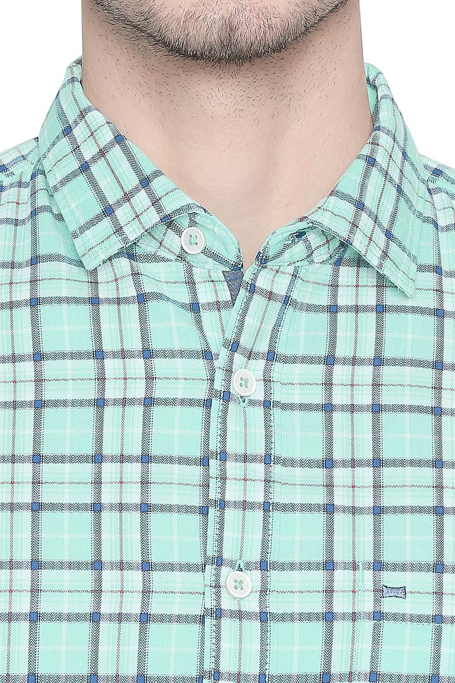 BASICS SLIM FIT OPAL GREEN TWILL CHECKS SHIRT