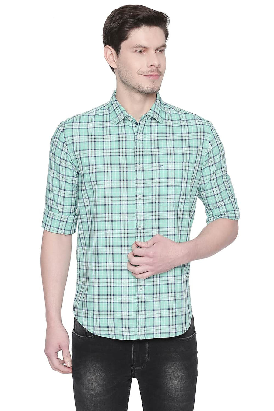 BASICS SLIM FIT OPAL GREEN TWILL CHECKS SHIRT