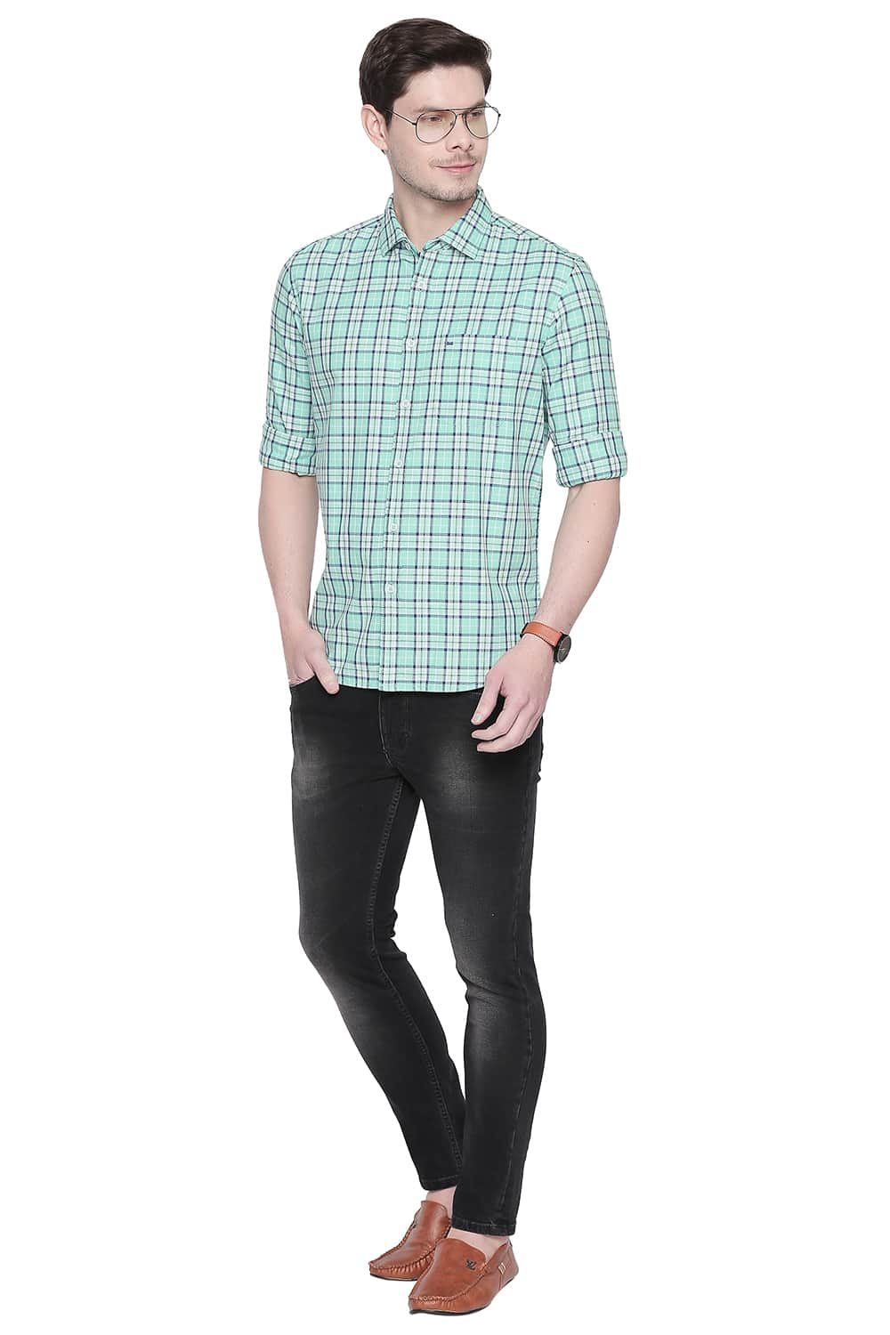 BASICS SLIM FIT TWILL CHECKS SHIRT