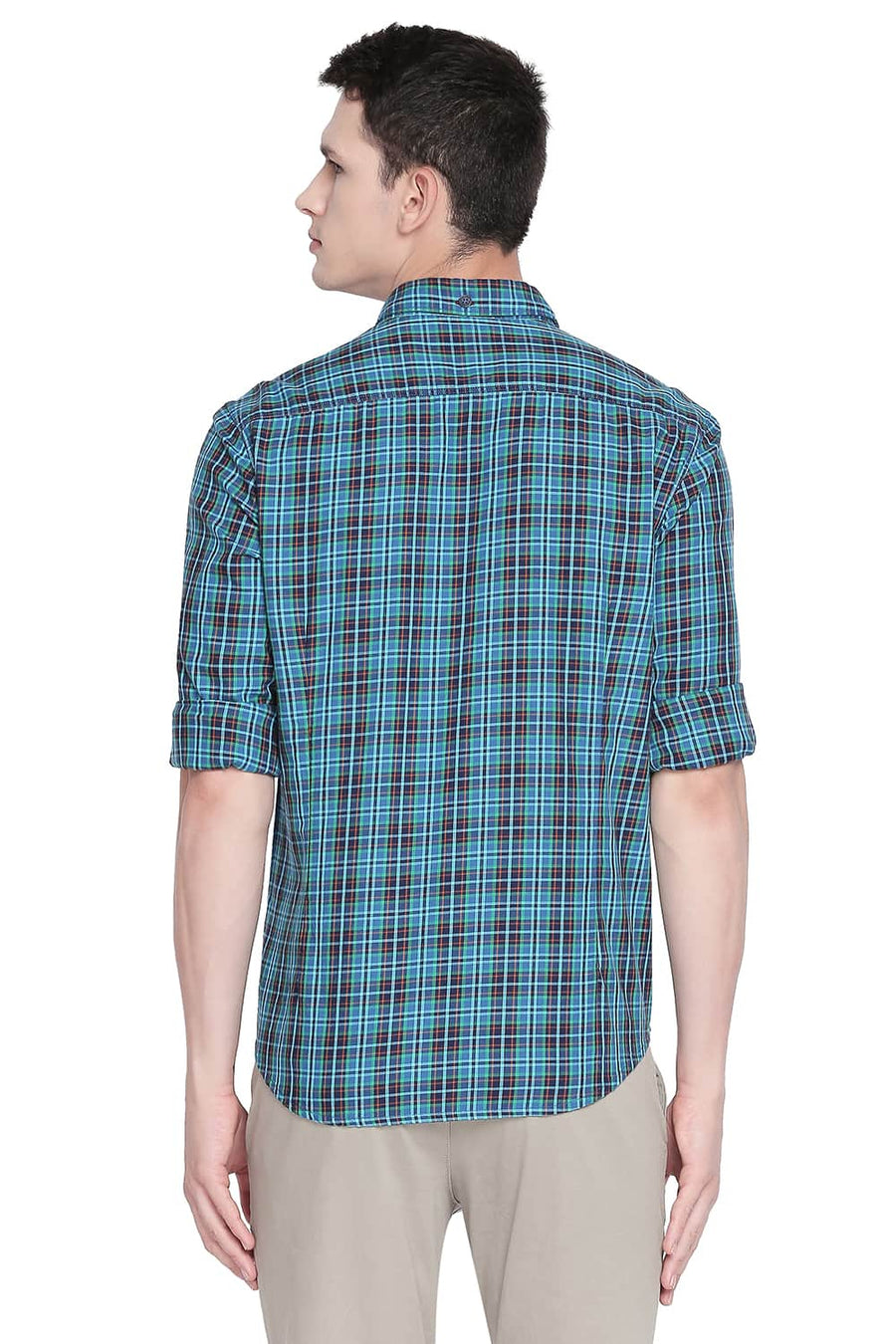 BASICS SLIM FIT LEPRECHAUN GREEN TWILL CHECKS SHIRT