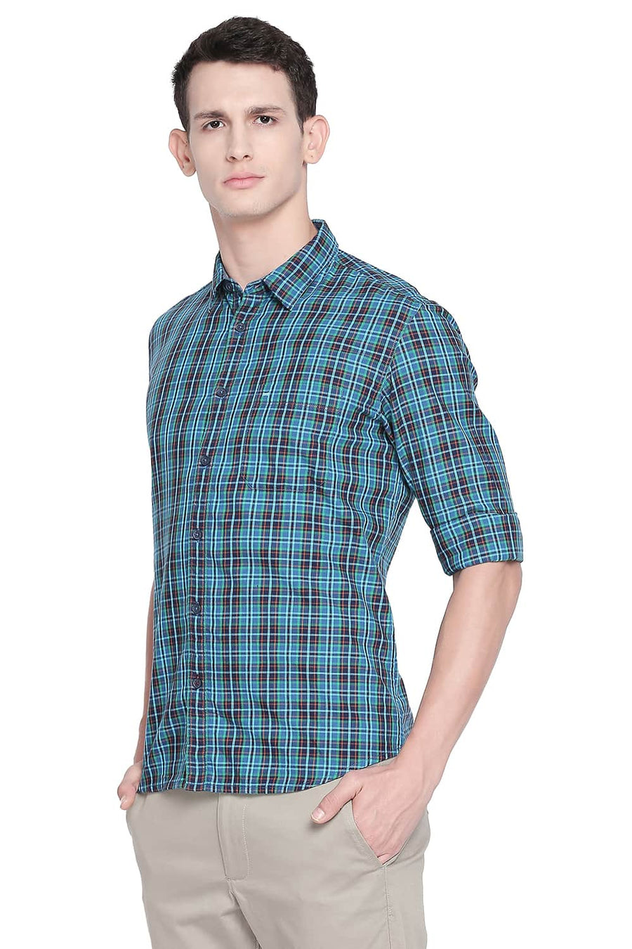 BASICS SLIM FIT LEPRECHAUN GREEN TWILL CHECKS SHIRT
