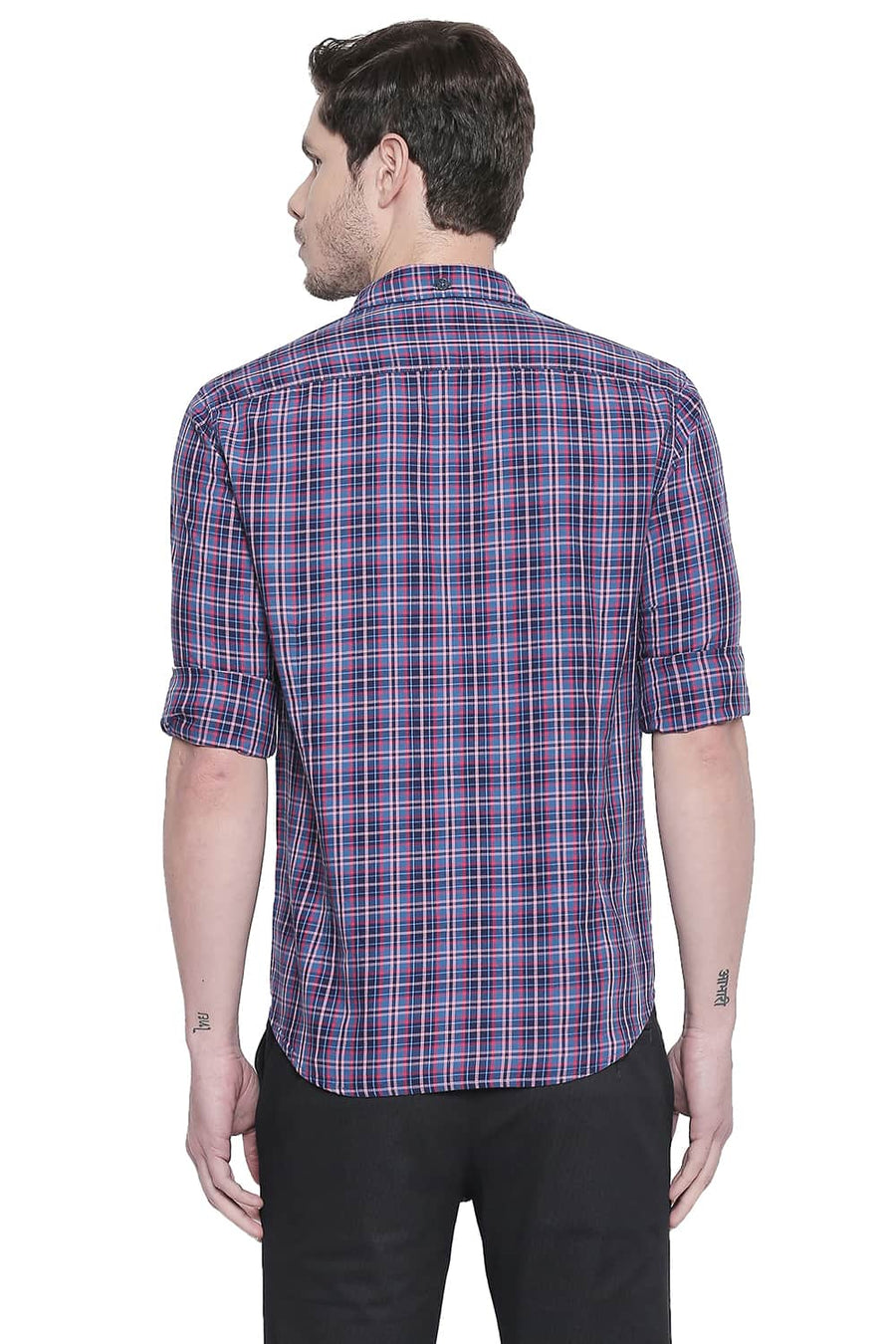 BASICS SLIM FIT GERANIUM PINK TWILL CHECKS SHIRT