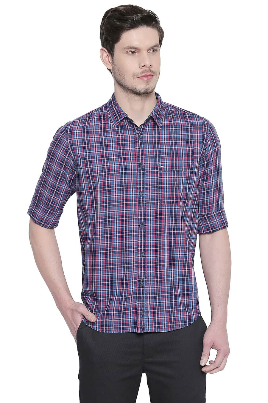 BASICS SLIM FIT GERANIUM PINK TWILL CHECKS SHIRT