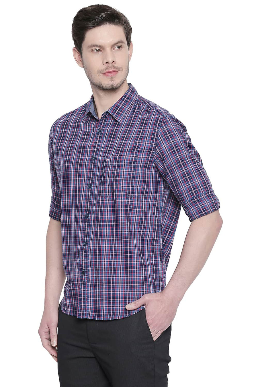 BASICS SLIM FIT GERANIUM PINK TWILL CHECKS SHIRT