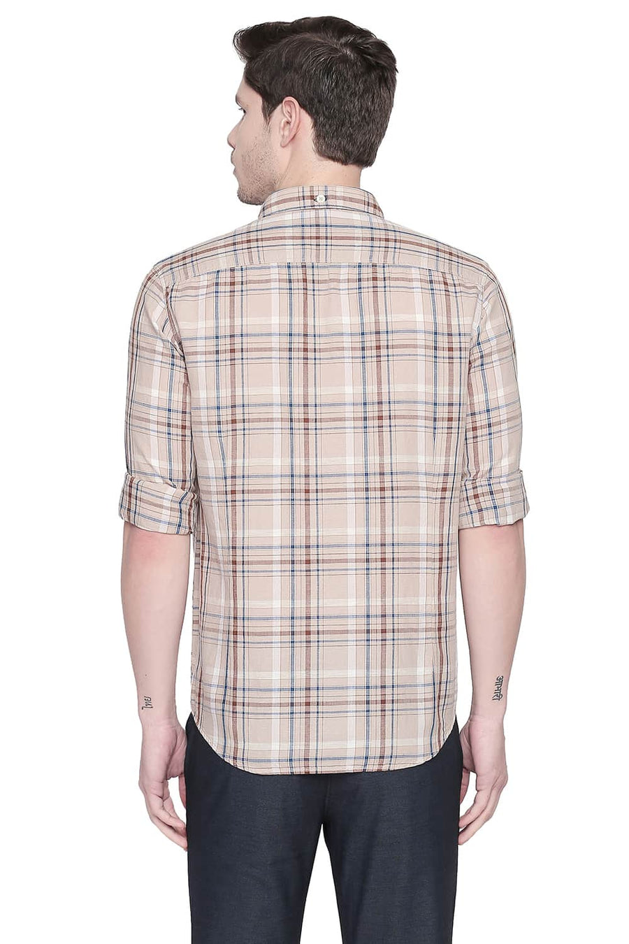 BASICS SLIM FIT NOUGAT BEIGE COTTON LINEN CHECKS SHIRT