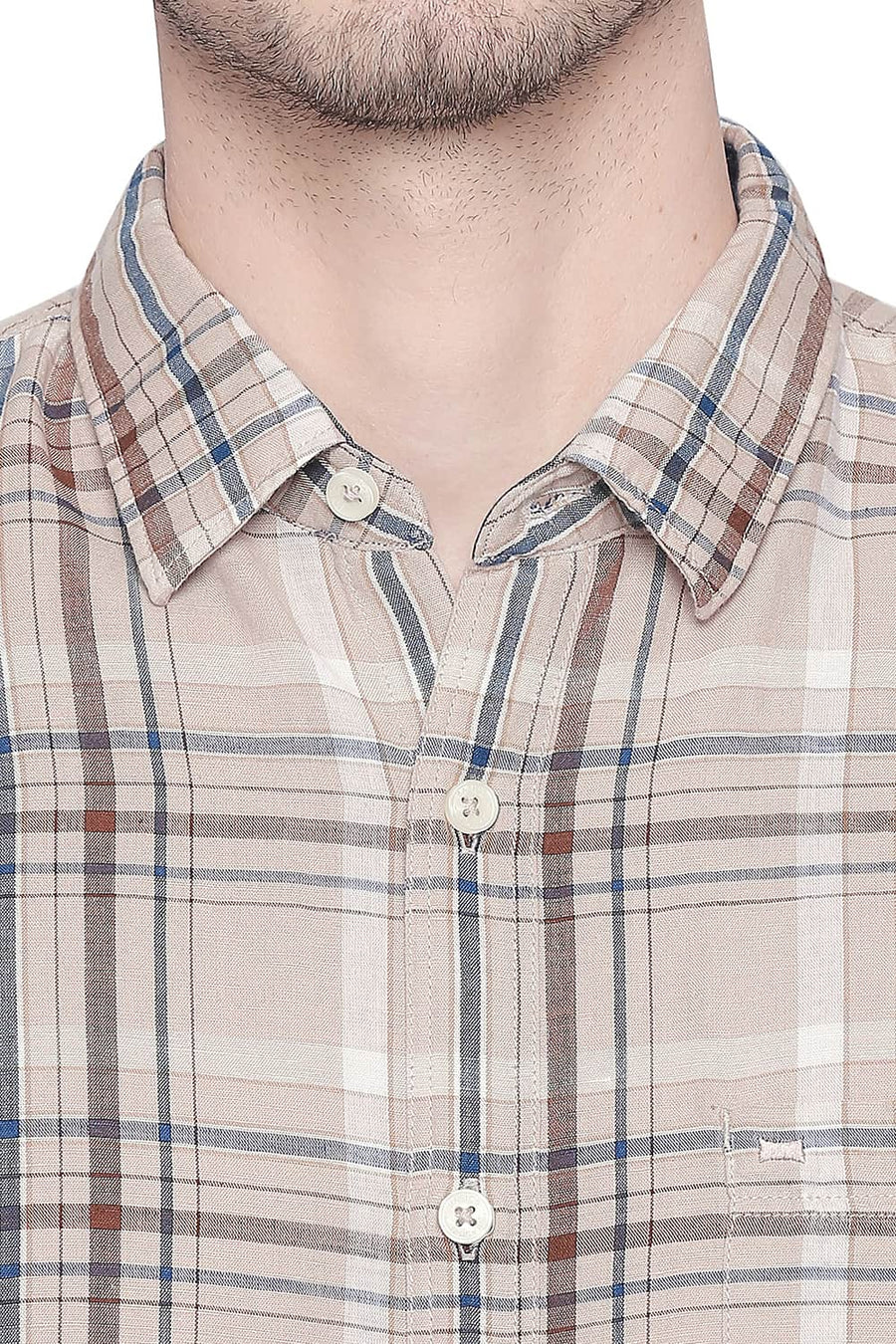 BASICS SLIM FIT NOUGAT BEIGE COTTON LINEN CHECKS SHIRT