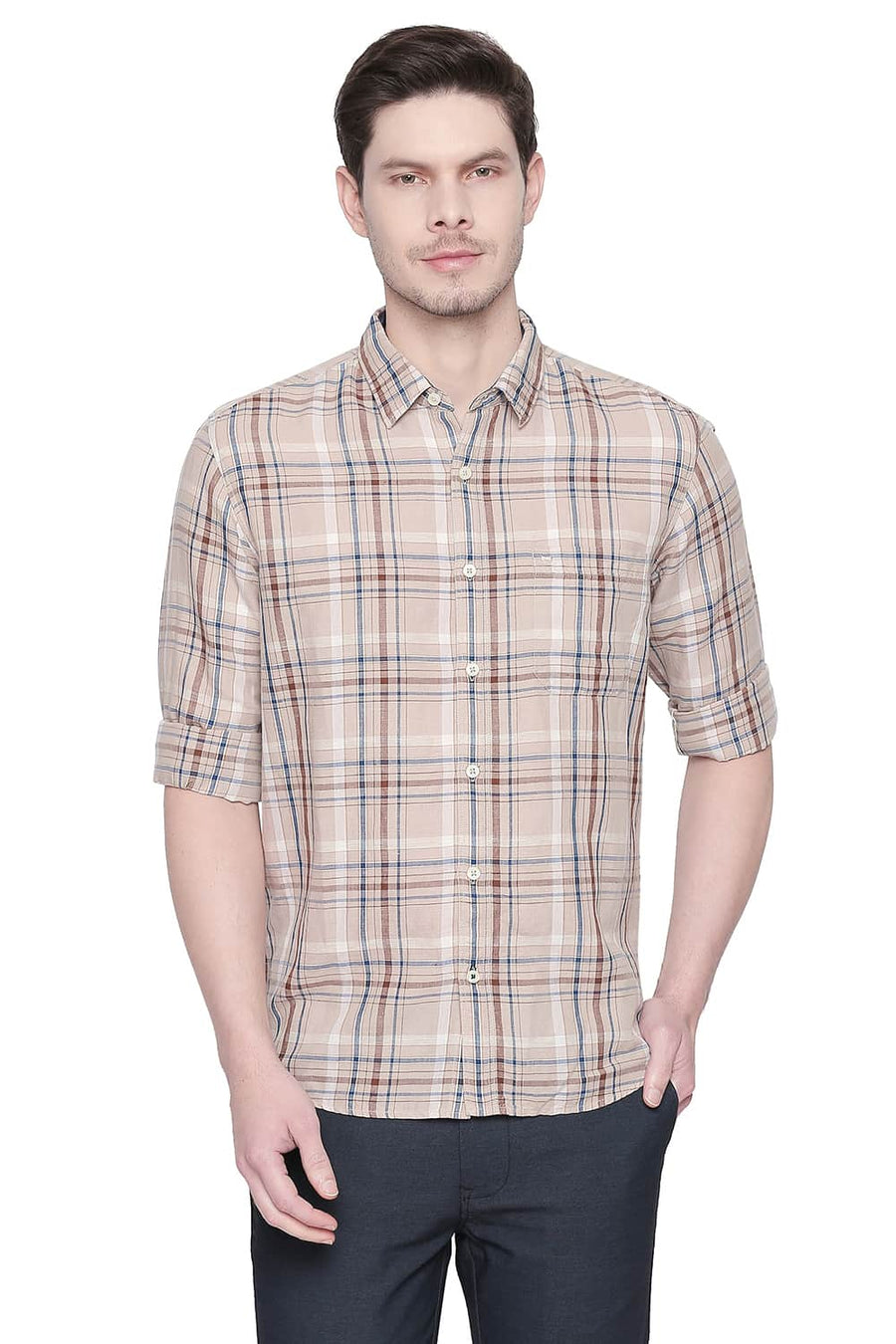 BASICS SLIM FIT NOUGAT BEIGE COTTON LINEN CHECKS SHIRT