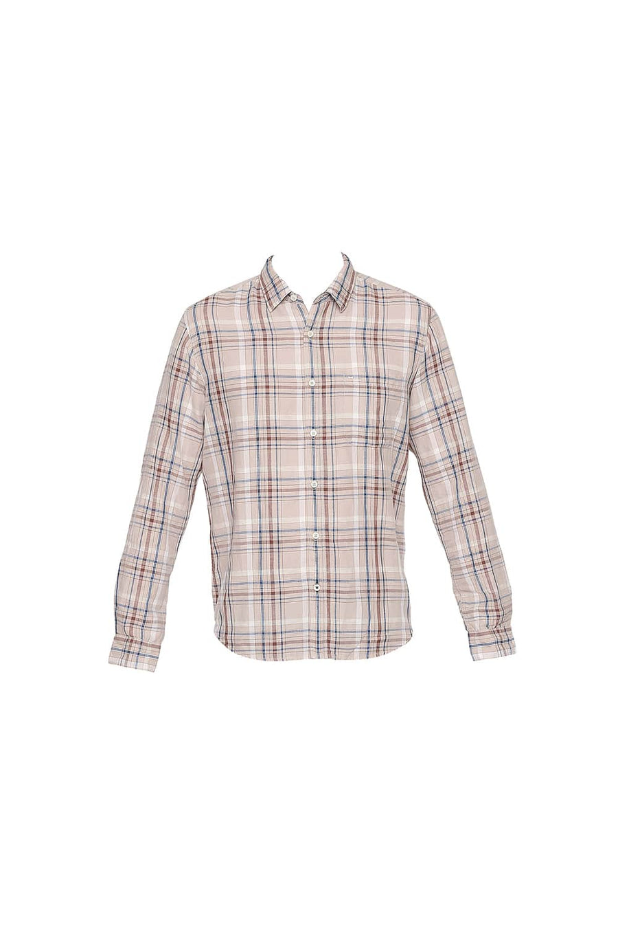 BASICS SLIM FIT NOUGAT BEIGE COTTON LINEN CHECKS SHIRT