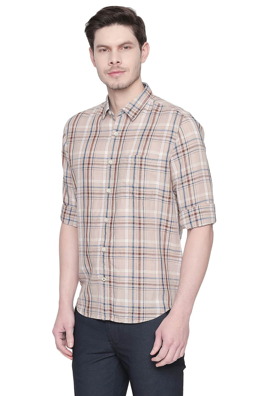 BASICS SLIM FIT NOUGAT BEIGE COTTON LINEN CHECKS SHIRT