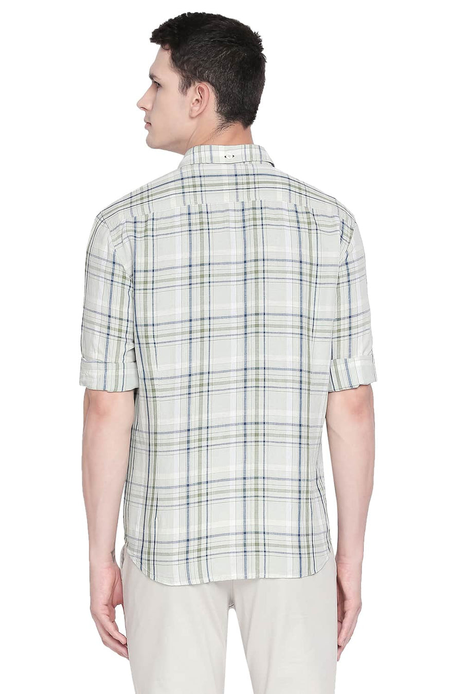 BASICS SLIM FIT SUBTLE GREEN COTTON LINEN CHECKS SHIRT