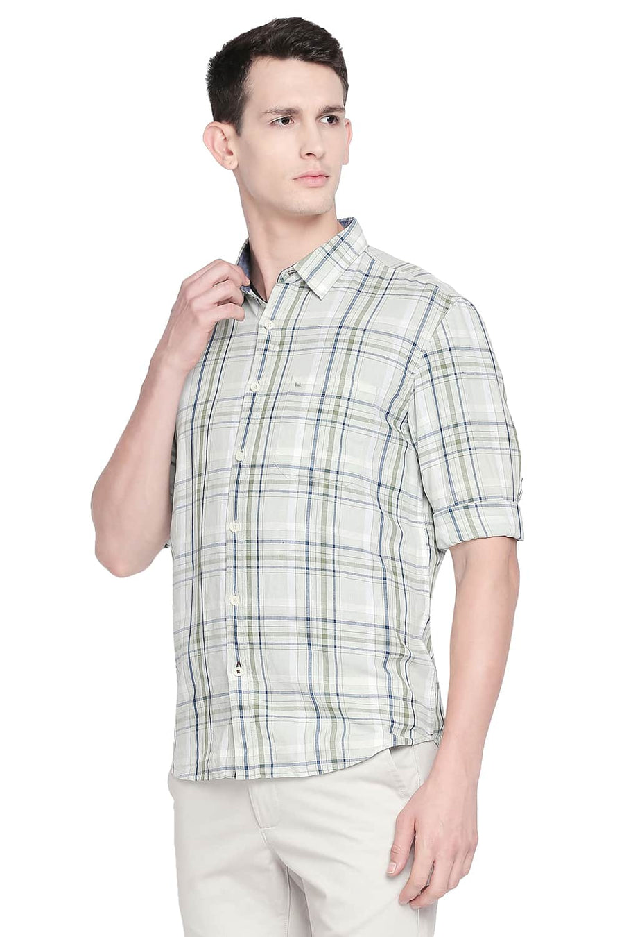 BASICS SLIM FIT SUBTLE GREEN COTTON LINEN CHECKS SHIRT
