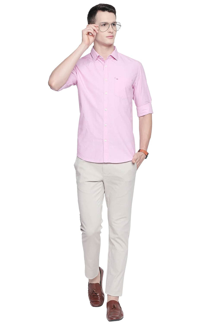 BASICS SLIM FIT PRISM PINK FIL A FIL SHIRT