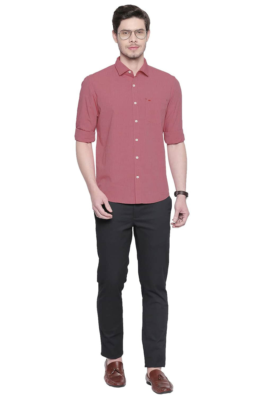 BASICS SLIM FIT ROCOCCO RED FIL A FIL SHIRT