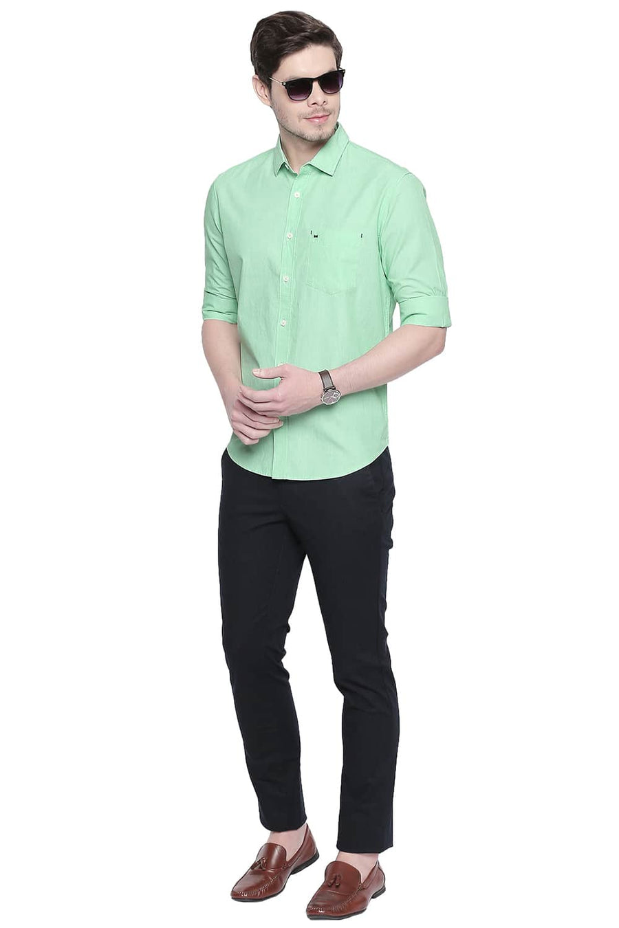 BASICS SLIM FIT GREEN ASH FIL A FIL SHIRT