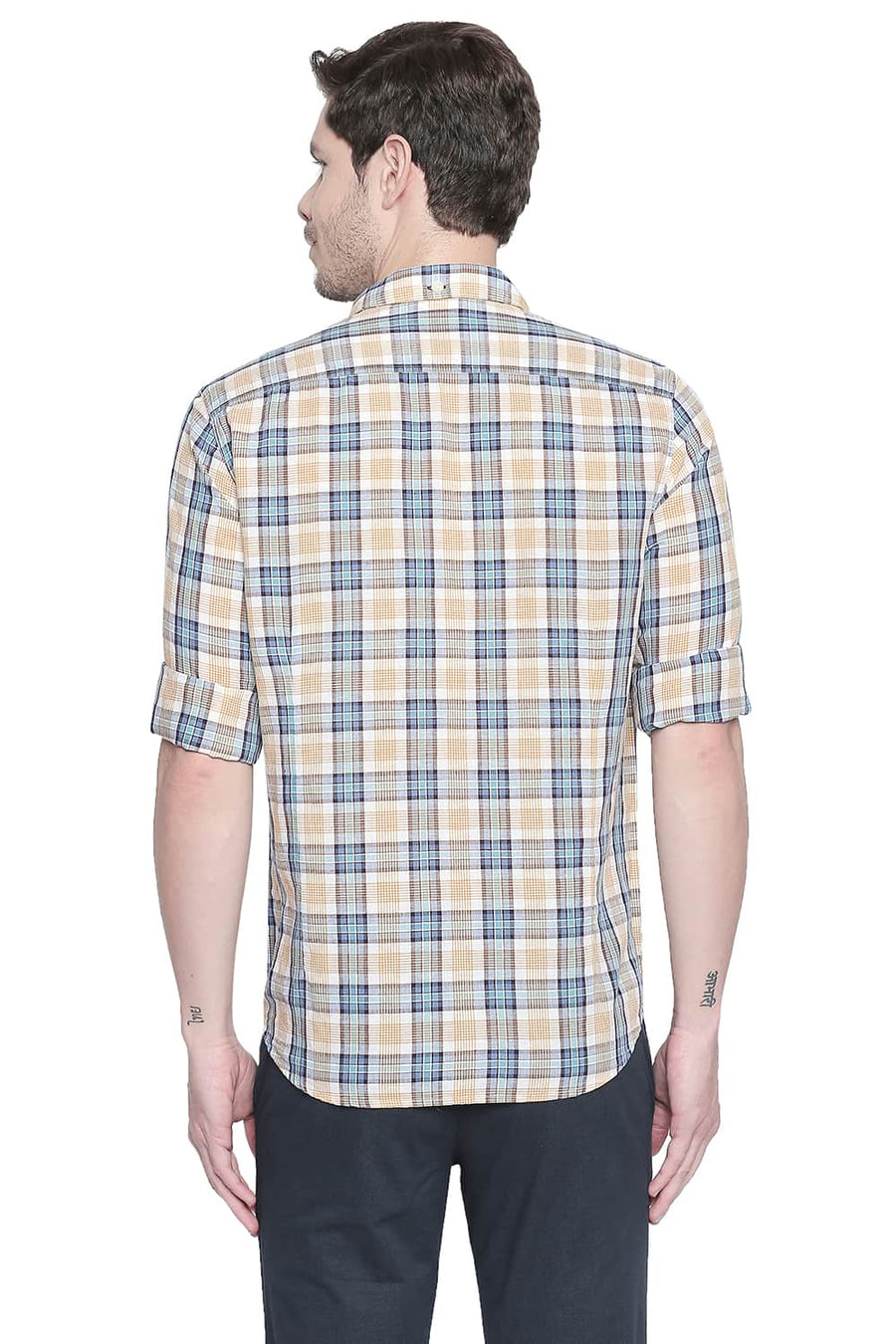 BASICS SLIM FIT MINERAL YELLOW COTTON LINEN CHECKS SHIRT