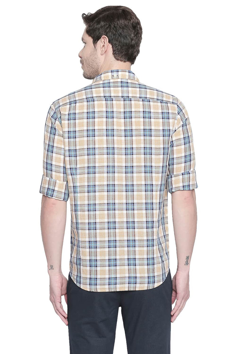 BASICS SLIM FIT COTTON LINEN CHECKS SHIRT