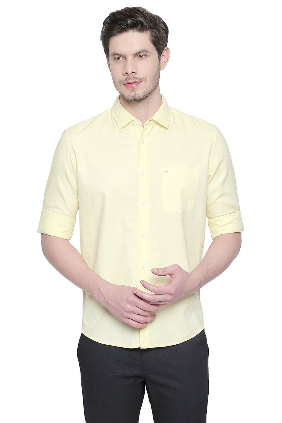 BASICS SLIM FIT TENDER YELLOW DOBBY SHIRT