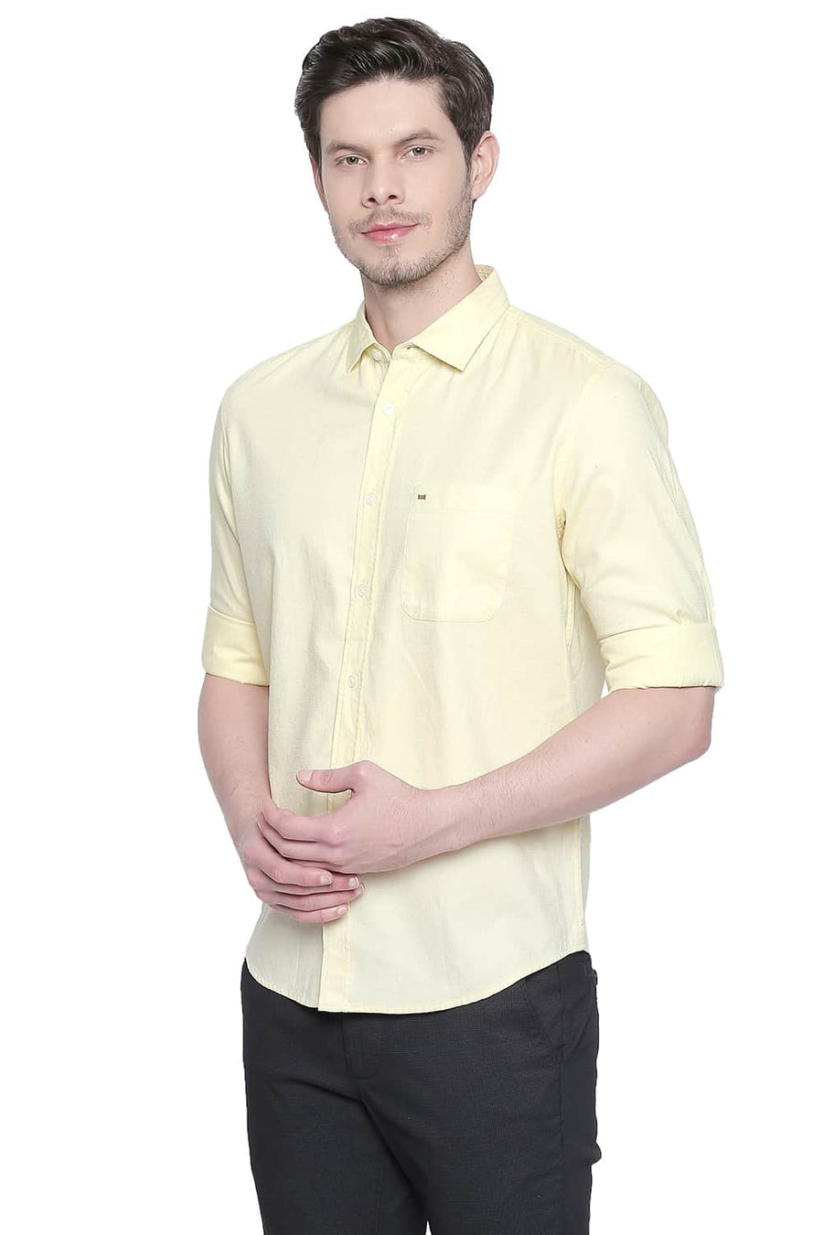 BASICS SLIM FIT TENDER YELLOW DOBBY SHIRT