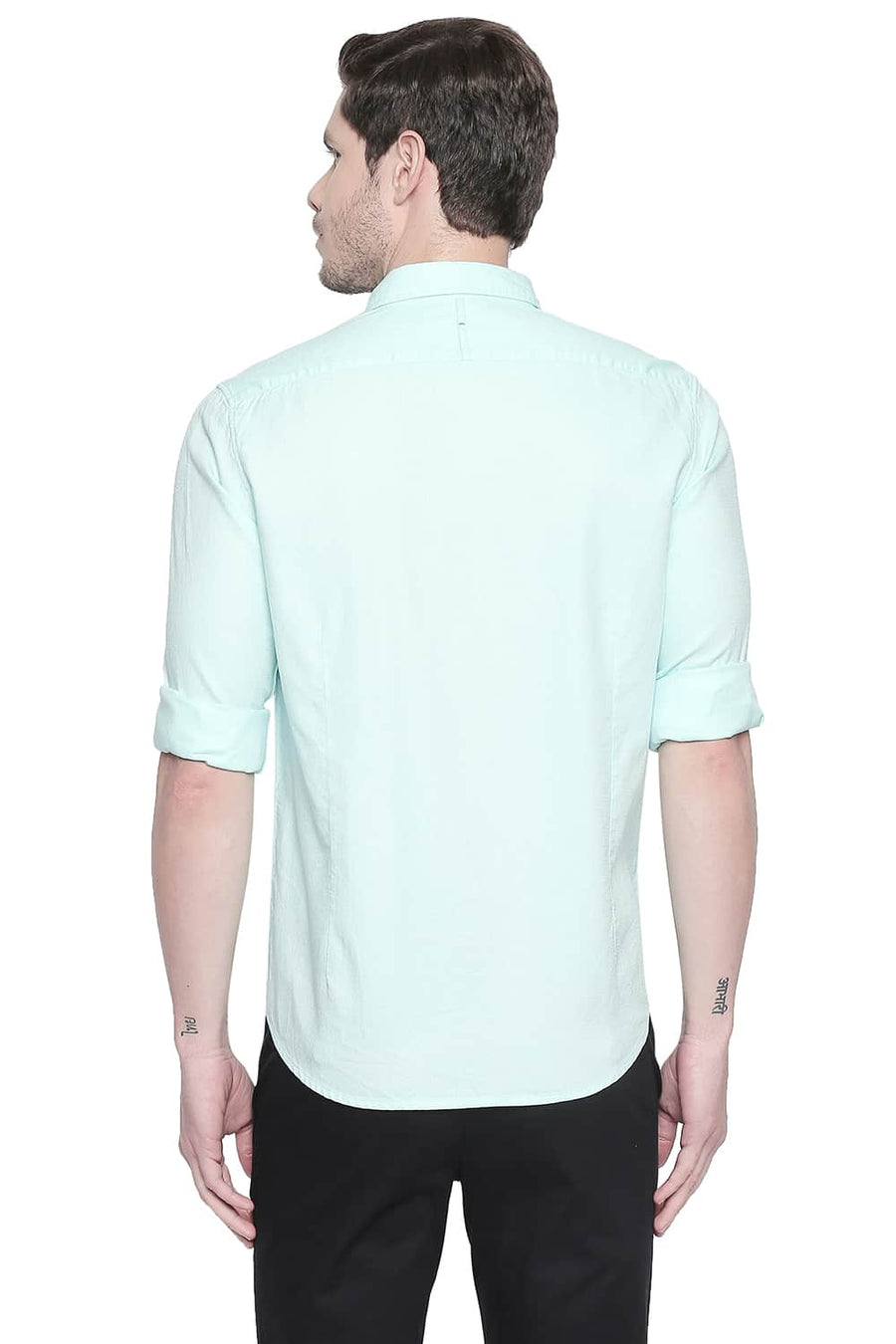 BASICS SLIM FIT BLEACHED TURQUOISE DOBBY SHIRT