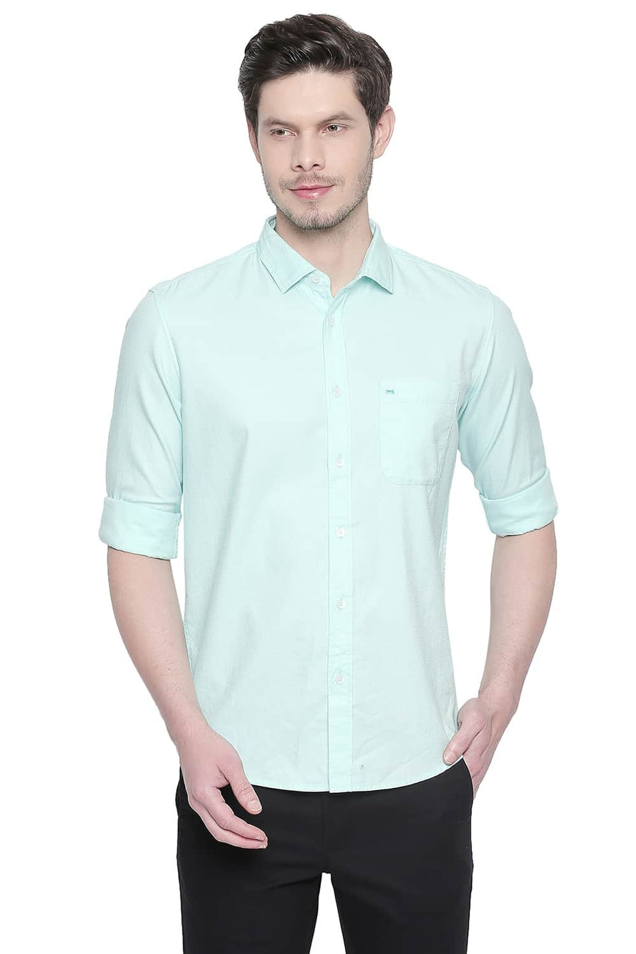 BASICS SLIM FIT BLEACHED TURQUOISE DOBBY SHIRT