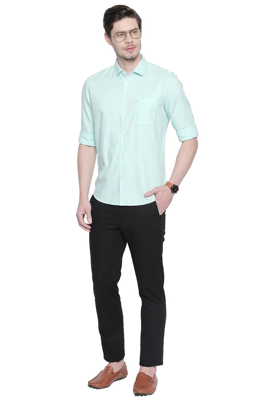 BASICS SLIM FIT BLEACHED TURQUOISE DOBBY SHIRT