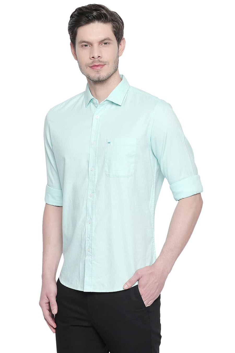 BASICS SLIM FIT BLEACHED TURQUOISE DOBBY SHIRT