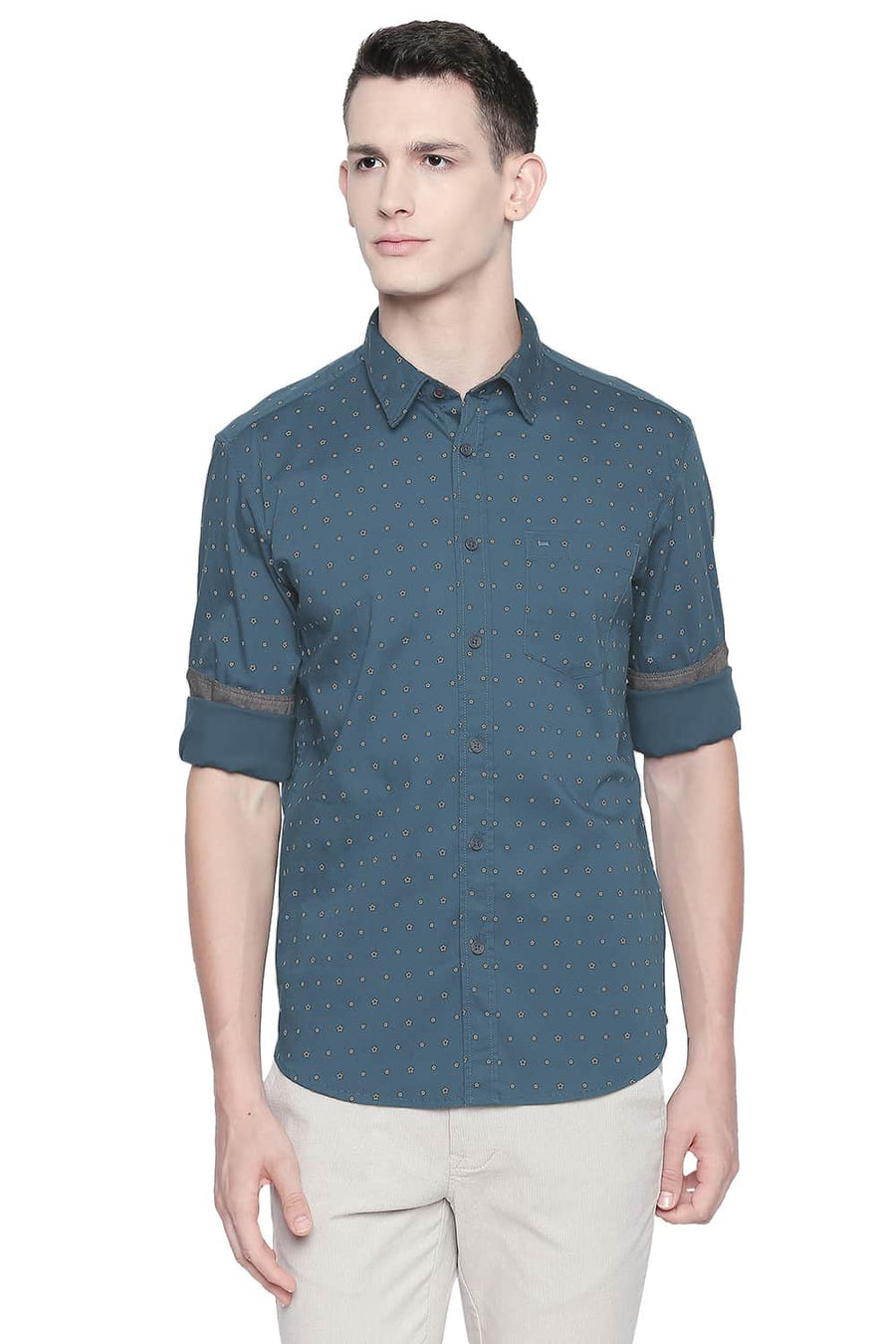 BASICS SLIM FIT CORSAIR BLUE TWILL PRINTED SHIRT